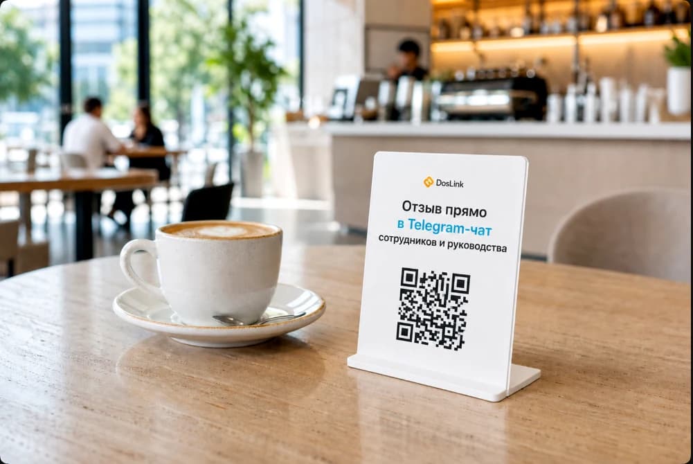 QR-табличка DosLink на столе в кафе